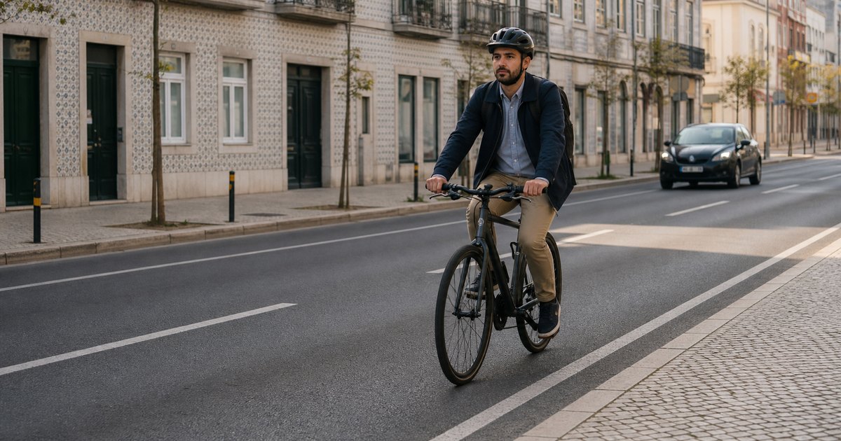 Ciclista numa via urbana em Portugal