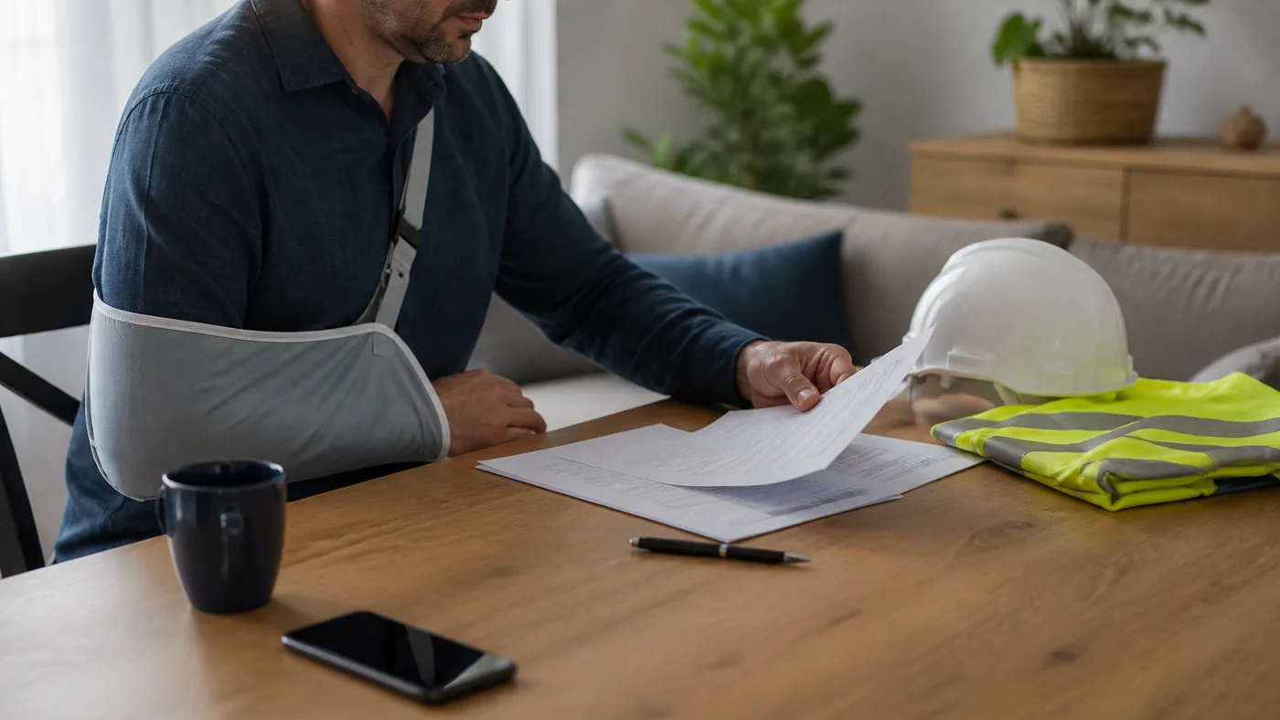 Trabalhador com braço imobilizado organiza documentos após acidente de trabalho