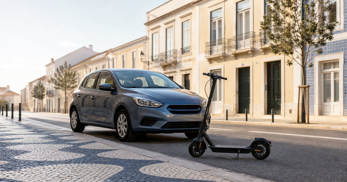 Trotinete elétrica junto a um automóvel numa rua urbana