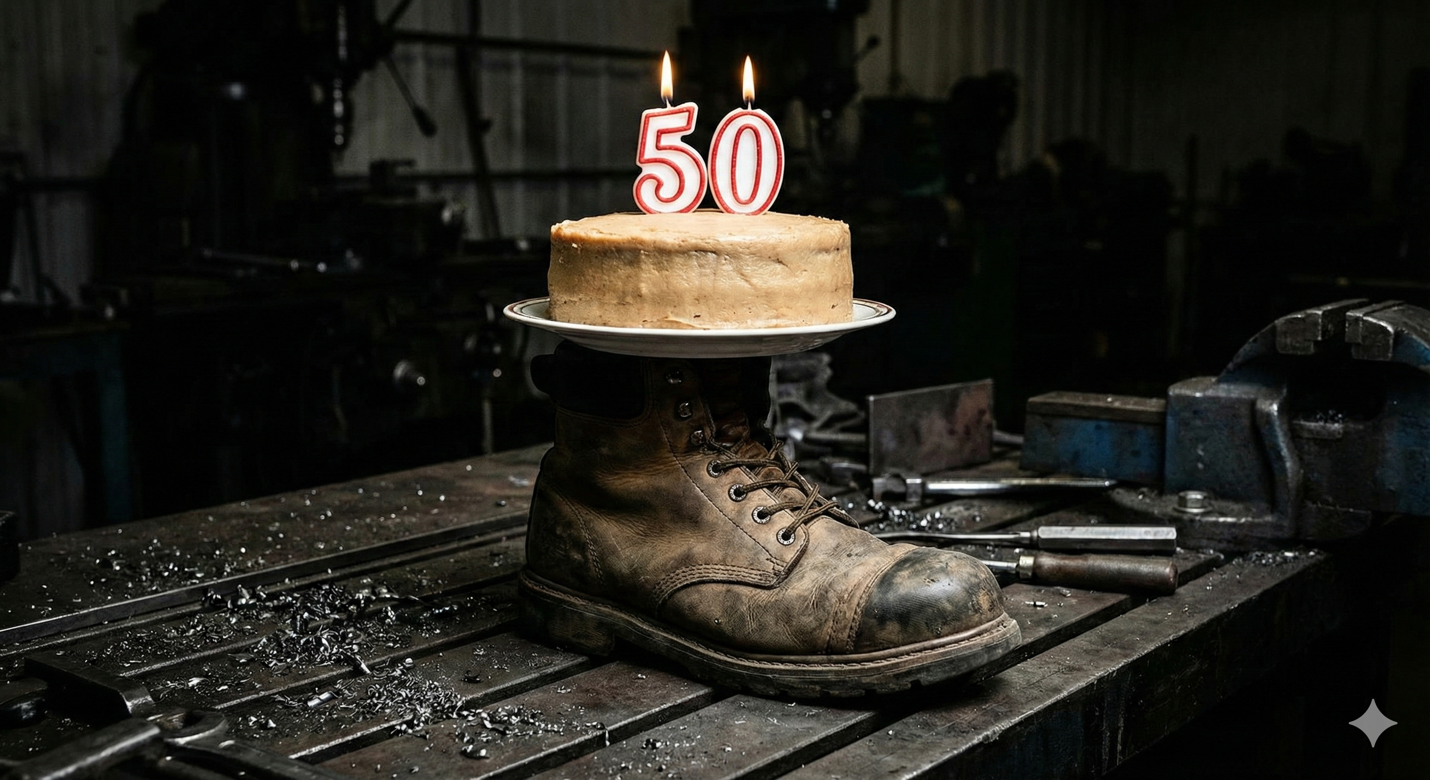 Bota de trabalho com bolo de 50 anos, simbolizando revisão de pensão aos 50 anos