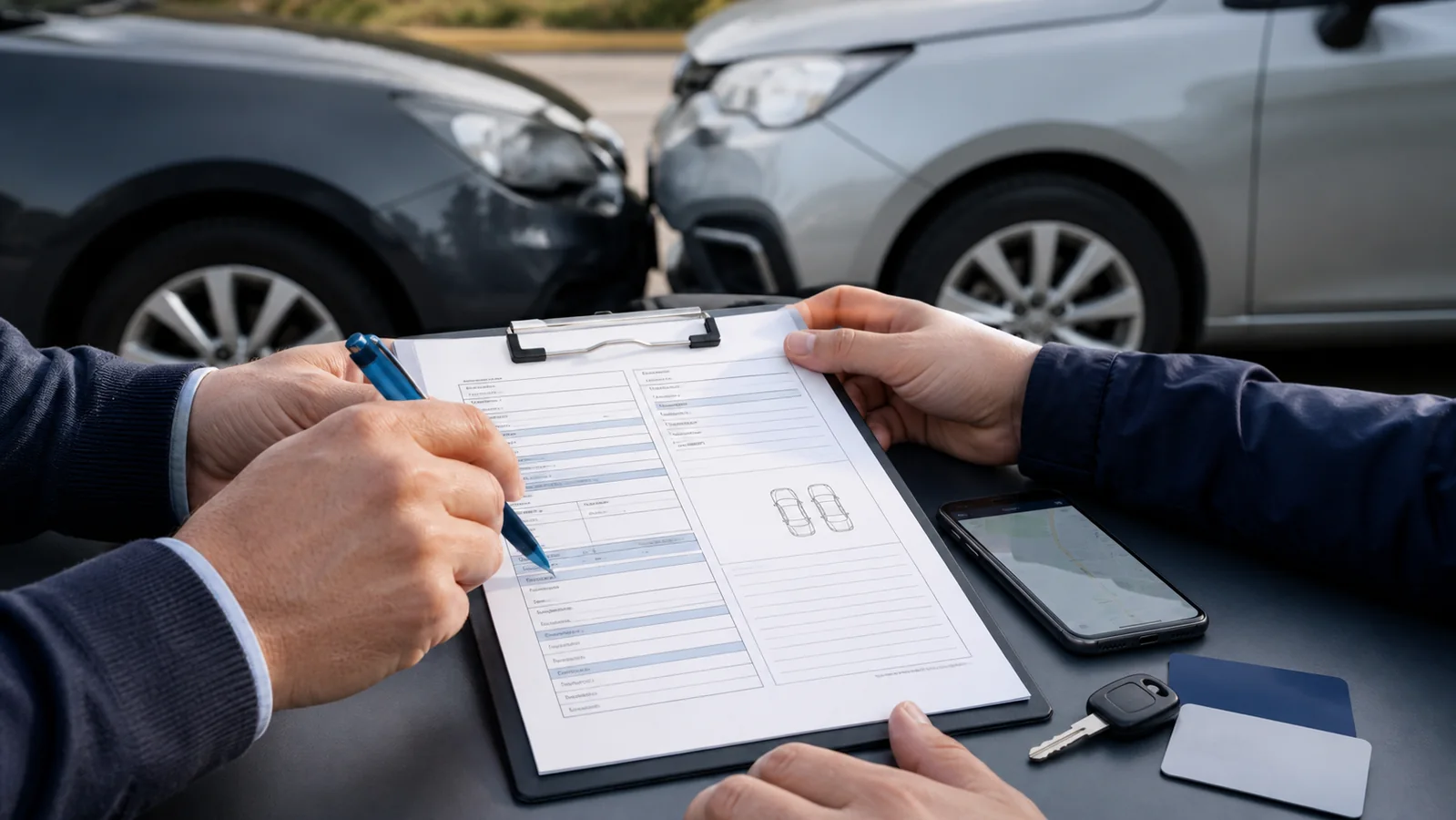 Condutores a preencher uma participação de acidente automóvel junto das viaturas