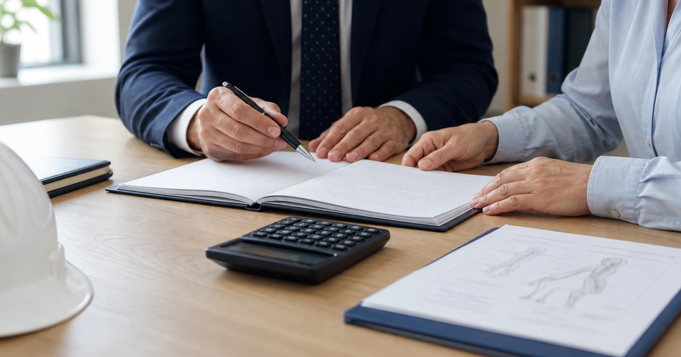 Advogada e cliente analisam honorários, documentação médica e fases de um processo de acidente de trabalho