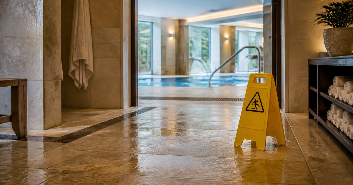 Wet floor near a hotel swimming-pool entrance with a warning sign
