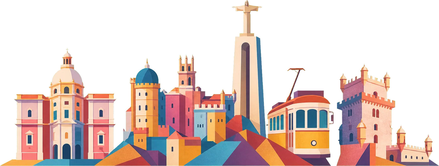 Ilustração colorida de monumentos de Lisboa e do icónico elétrico amarelo