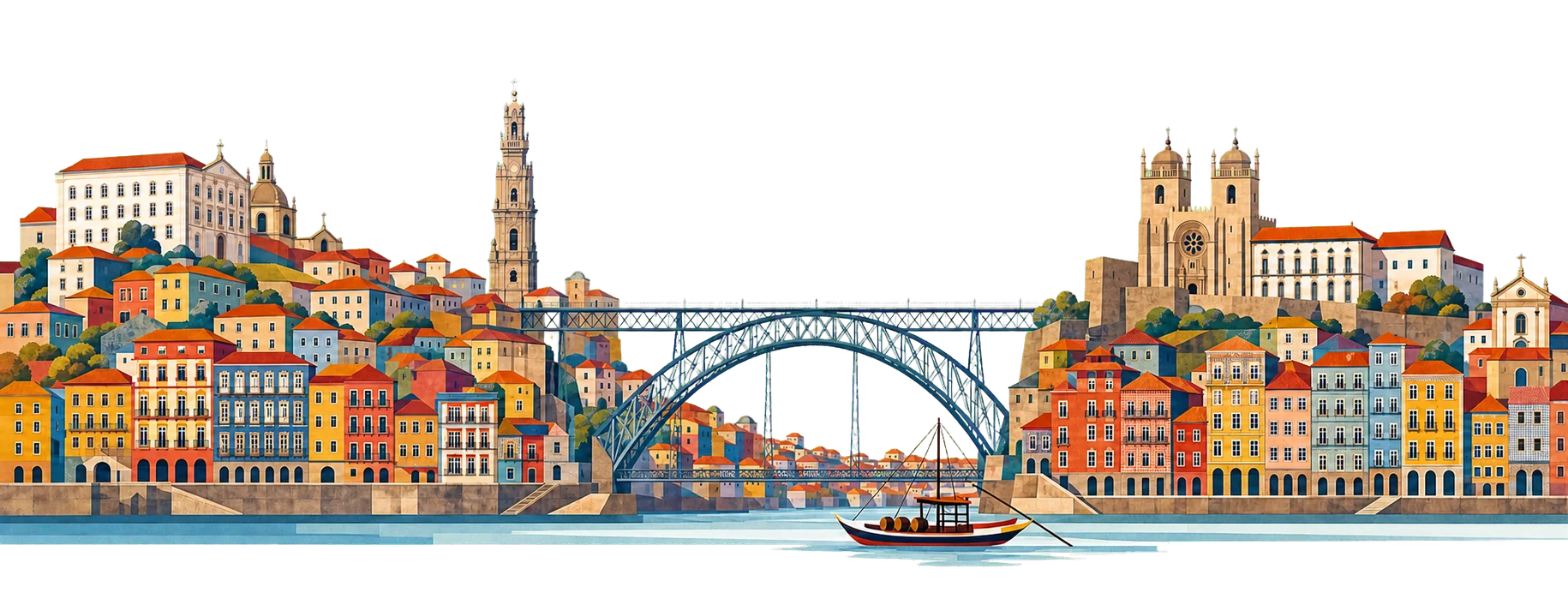 Ilustração colorida do Porto, da Ponte D. Luís I e da zona da Ribeira