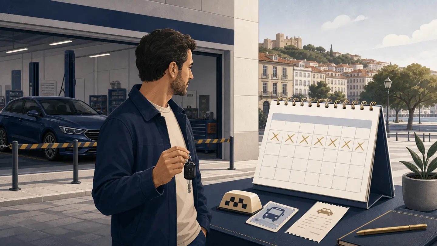 Condutor junto a uma oficina e calendário do período de imobilização da viatura